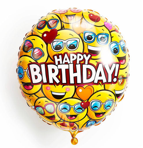 Fun birthday balloon with smiling emoji pattern
