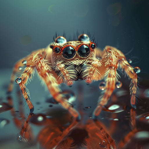 Adorable spider with water droplets, in the style of Paul Souders