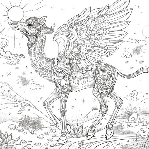Winged camel flying over the magical desert - Coloring book page