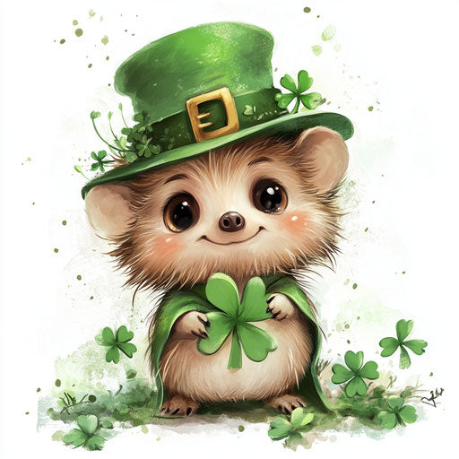 Saint Patrick's Day, cute baby hedgehog dressed in green with a big hat and clovers