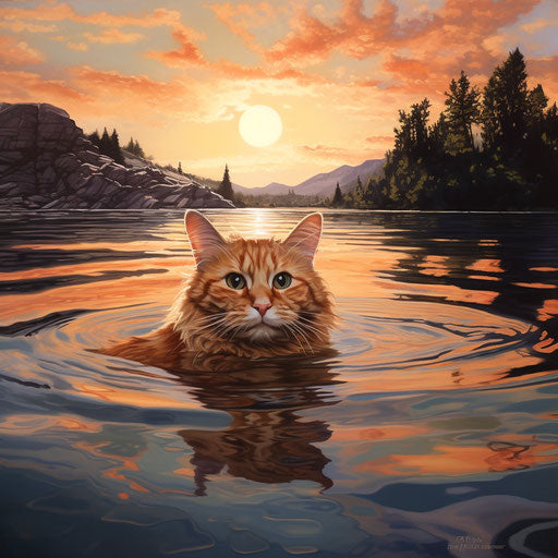 Orange cat swimming in a lake by the shore