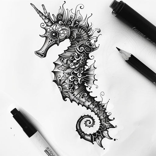 Zentangle inspired seahorse tattoo sketch with intricate patterns and black and white contrasts