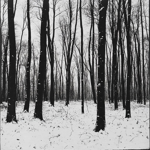 Snowy forest clearing, trees in white outline, tangible silence