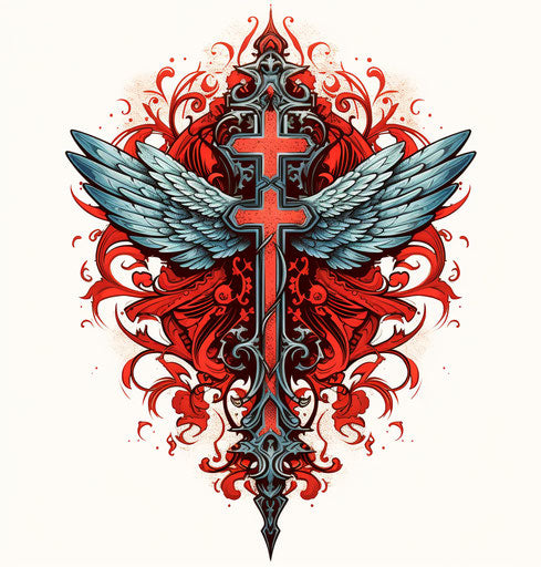 Christian cross with wings and tribal symbol, woodcut style