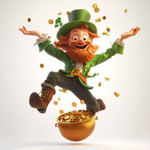 Leprechaun dancing with pot of gold, white background