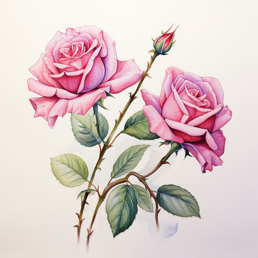 Two pink roses in classic tattoo style, vibrant watercolor