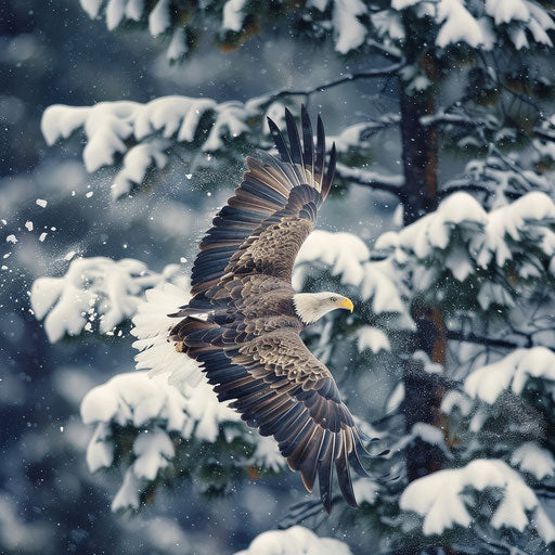 American eagle flying in snowstorm in Sierra Nevada