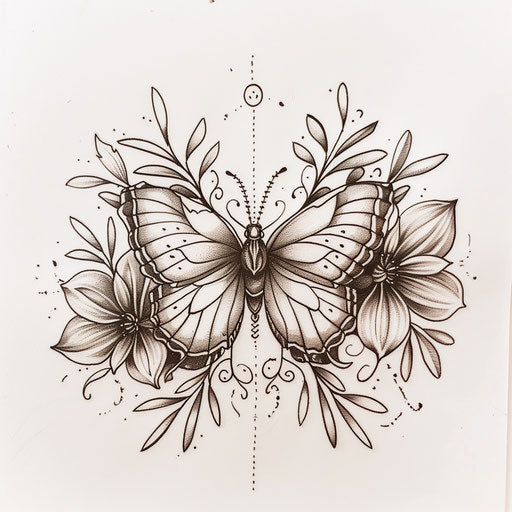 Butterfly with tribal flowers, intricate tattoo design
