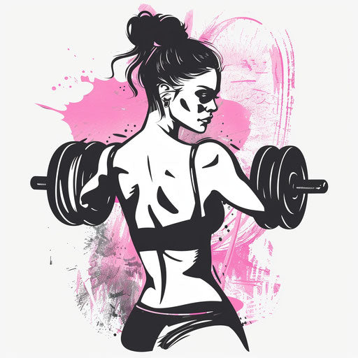 Stylish tattoo sketch of woman lifting weights, outlined in black with pink accents