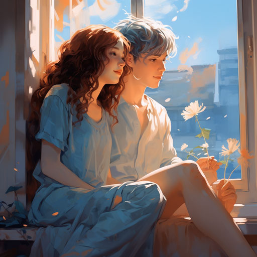 Romantic manga window, brown and light blue, cute and colorful
