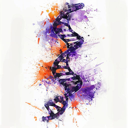 Abstract DNA tattoo sketch, clipart style with purple and orange watercolor splashes