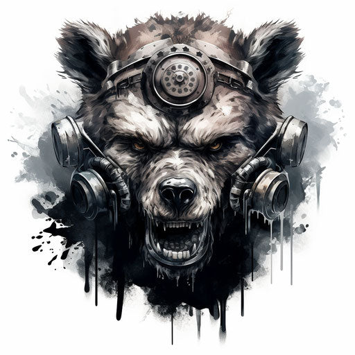 Bear masked in digital painting and chrome drawing
