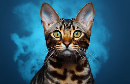 Bengal cat with large silver eyes on blue background