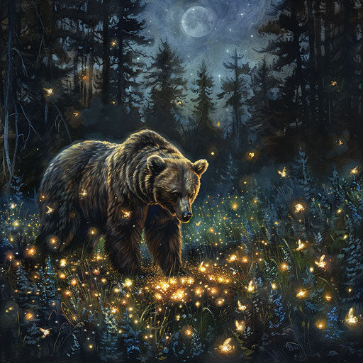 Encounter of a grizzly bear with a firefly forest