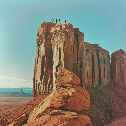 Monument Valley with climbers on rugged terrain