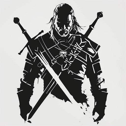 Bold tattoo sketch of Geralt's silhouette with two crossing swords, in monochrome, clipart style