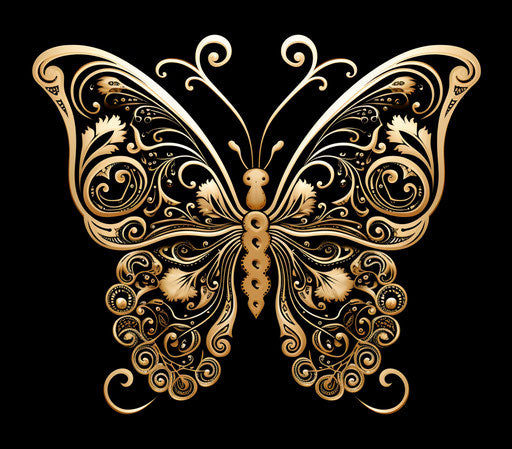 Black butterfly with ornate designs in cartoon abstraction style