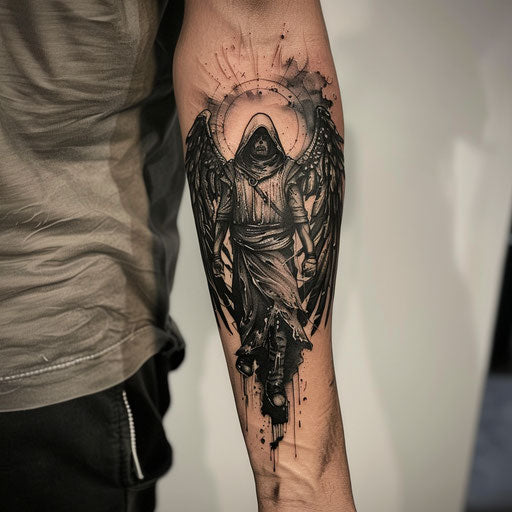 Men's forearm tattoo with a dark angel