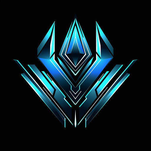 Company logo with futuristic elements, neon blue and black colors