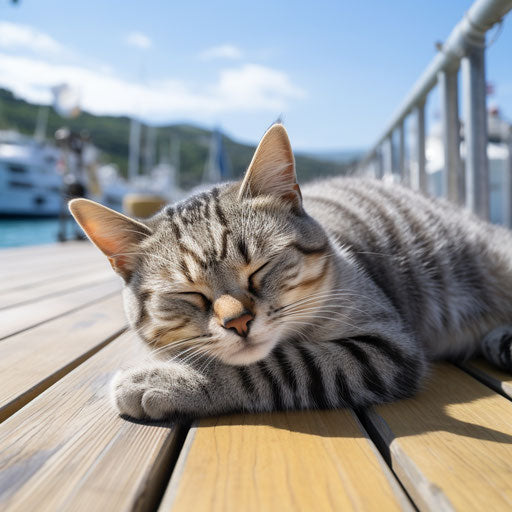 An American shorthair cat lying on a dock