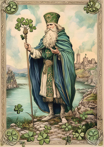 St. Patrick's Day Card, Saint Germain in Green and Blue Robes, Vintage Style with Emerald Shamrocks