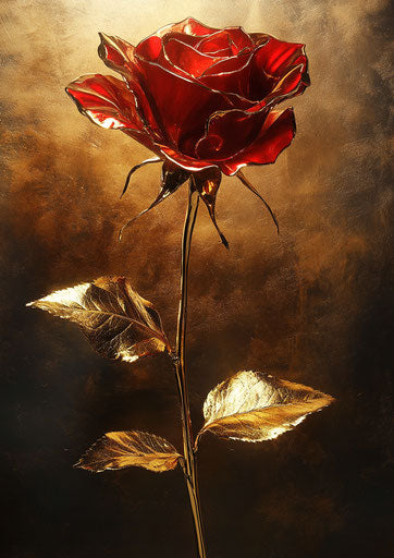Red rose with golden leaves exuding an elegant atmosphere