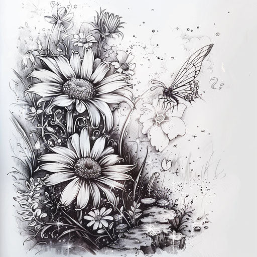Fantasy tattoo sketch of a daisy as a fairy garden