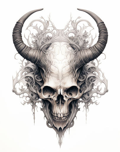 Skull with horns, layered imagery with subtle irony