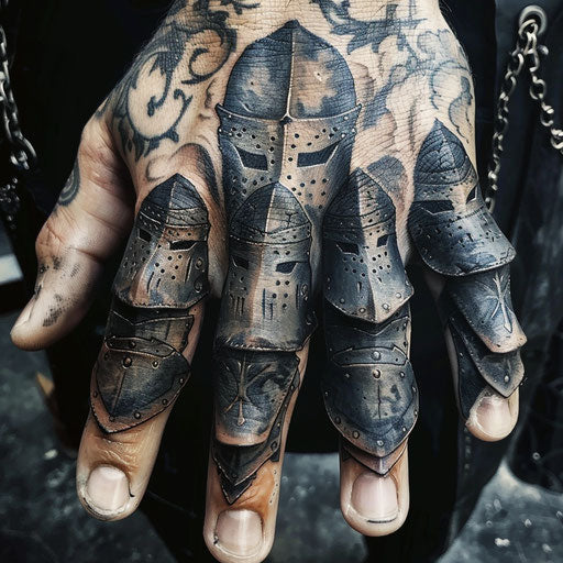 Knuckle tattoos of a knight in armor, Peter Jackson style