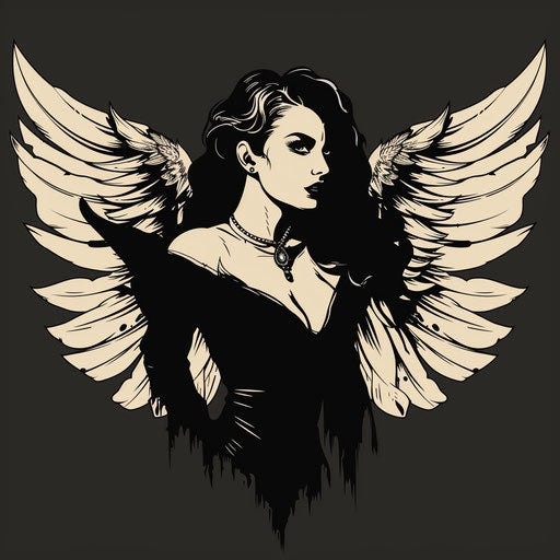 Flat tattoo sketch of vampire with elegant Gothic wings