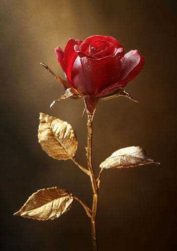 Red rose with golden leaves, elegant atmosphere