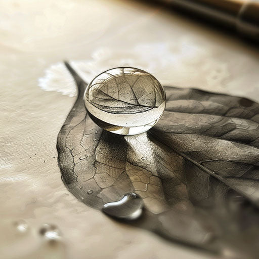 Dynamic flat tattoo sketch of a micro realism water droplet on a leaf, reflecting light