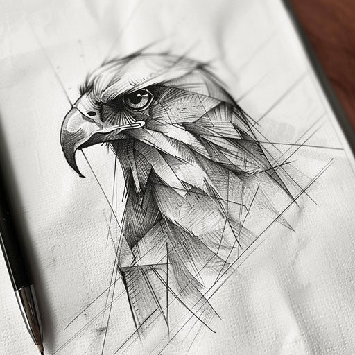 Minimalist hawk tattoo sketch, fine lines, monochrome