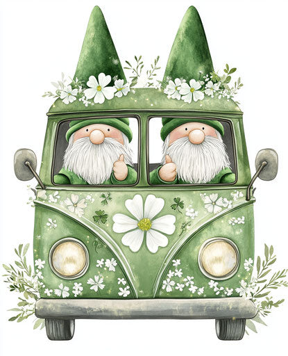 St. Patrick's Day gnomes driving a green van with white flowers