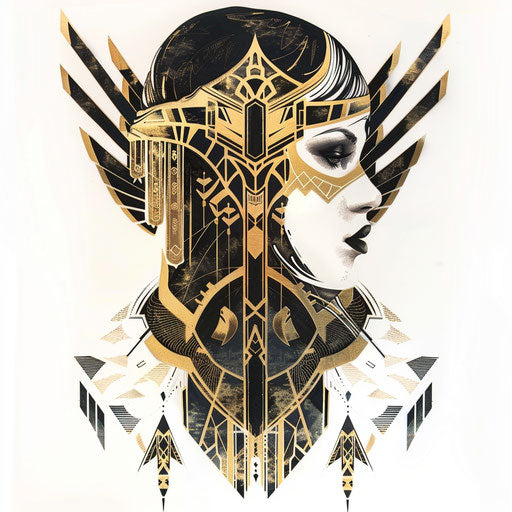 Art deco tattoo of Persephone, symmetrical shapes in black and gold