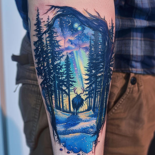 Dynamic sketch of a Wendigo in a snowy forest chasing northern lights