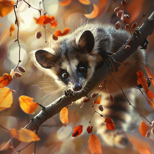 Possum observing autumn leaves from a tree branch