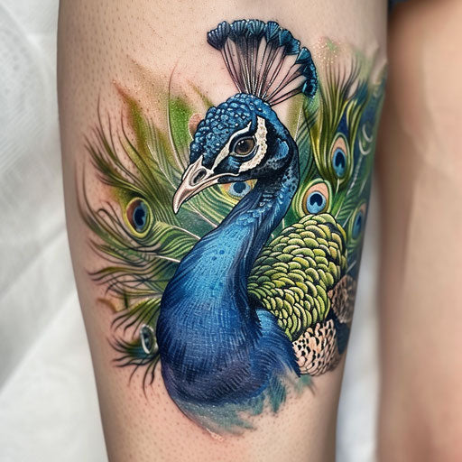 Realistic peacock tattoo on white background