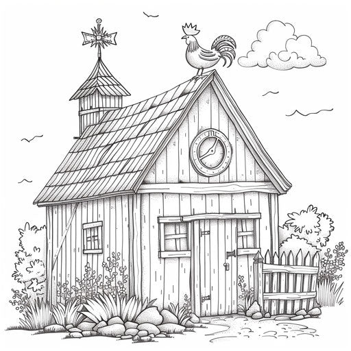 A whimsical barn with a rooster weather vane