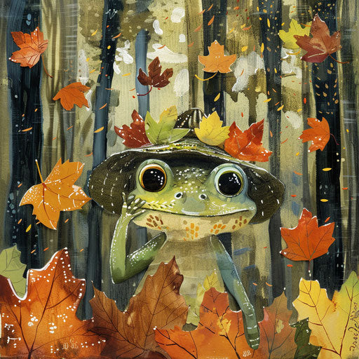 Playful scene: a frog trying on leaves as hats in the forest