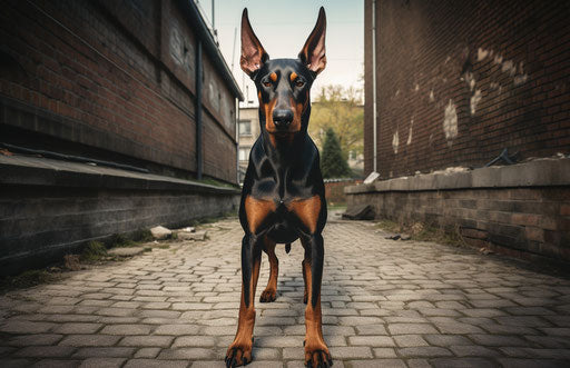 Black and tan doberman standing on paved path, exaggerated facial features