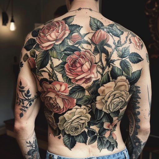 Rose tattoos for men in the style of Maria Sibylla Merian with detailed botanical roses