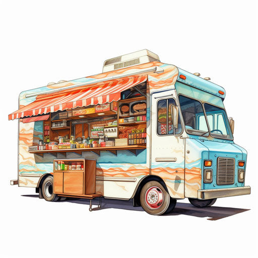 Food truck in oil painting style on white background
