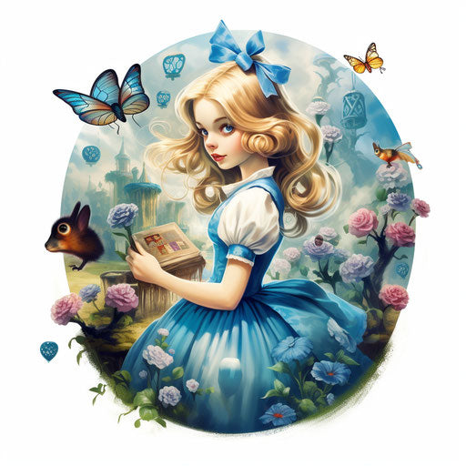 Alice in Wonderland illustration in the style of Oil painting, on a white background