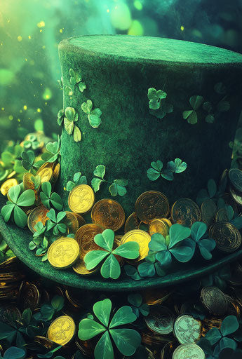 Green hat with gold coins and shamrocks, St. Patrick's backdrop