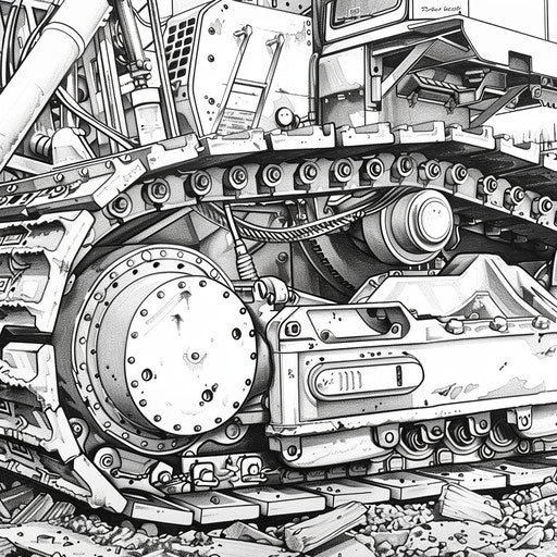 Mechanical details of bulldozer, coloring book page