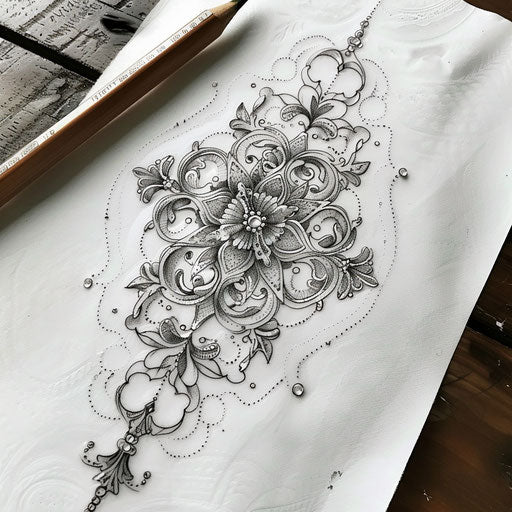Elegant sketch of a cross stitch tattoo with intricate lace patterns and soft grey tones