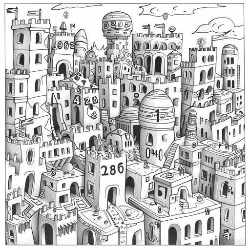 Whimsical cityscape with number-shaped buildings