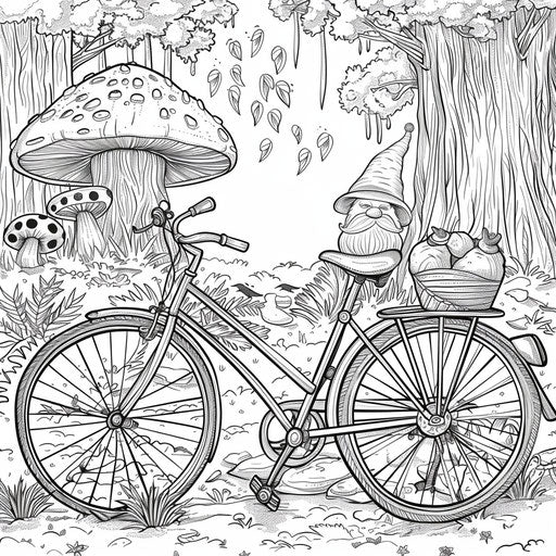 Whimsical bike by a garden gnome and a mushroom