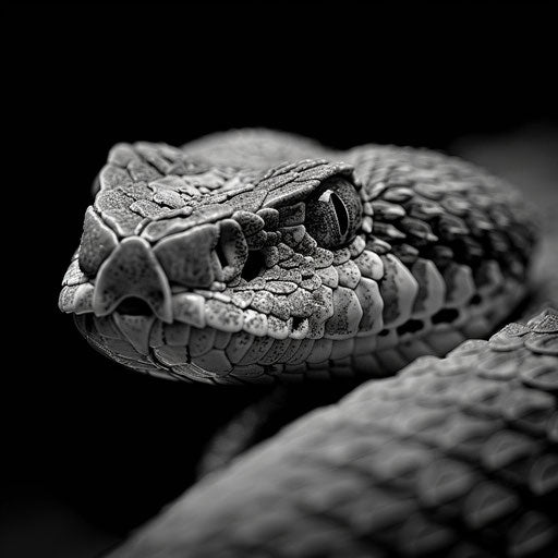 Rattlesnake in black and white, intense and dramatic, in the style of Laurent Baheux